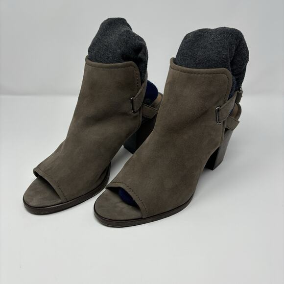 Frye Dani Shield Sling Gray Suede Peep Toe Heeled Sandal 11 Block Heel Shoe - Picture 3 of 16